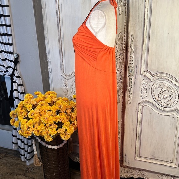 A.N.A. Orange Jersey Knit Halter Maxi Dress with Wood Beading Details - Picture 4 of 7